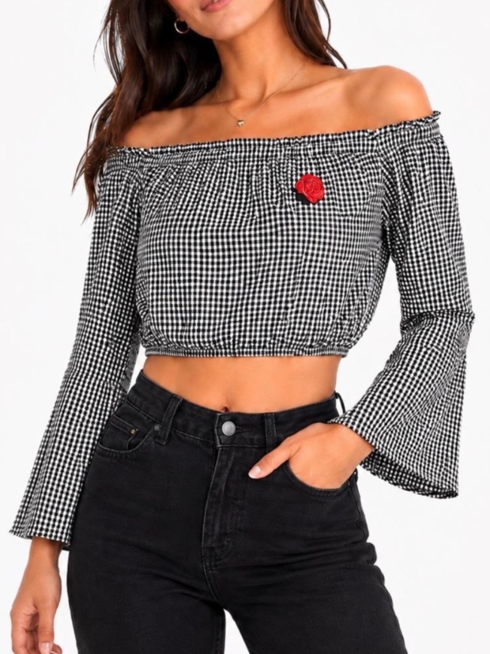 Off the Shoulder Gingham Crop Top with Embroidered Pink Flower and Bell Sleeves